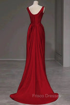 Sexy Mermaid Square Neckline Red Satin Floor Length Formal Prom Dress