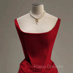 Sexy Mermaid Square Neckline Red Satin Floor Length Formal Prom Dress