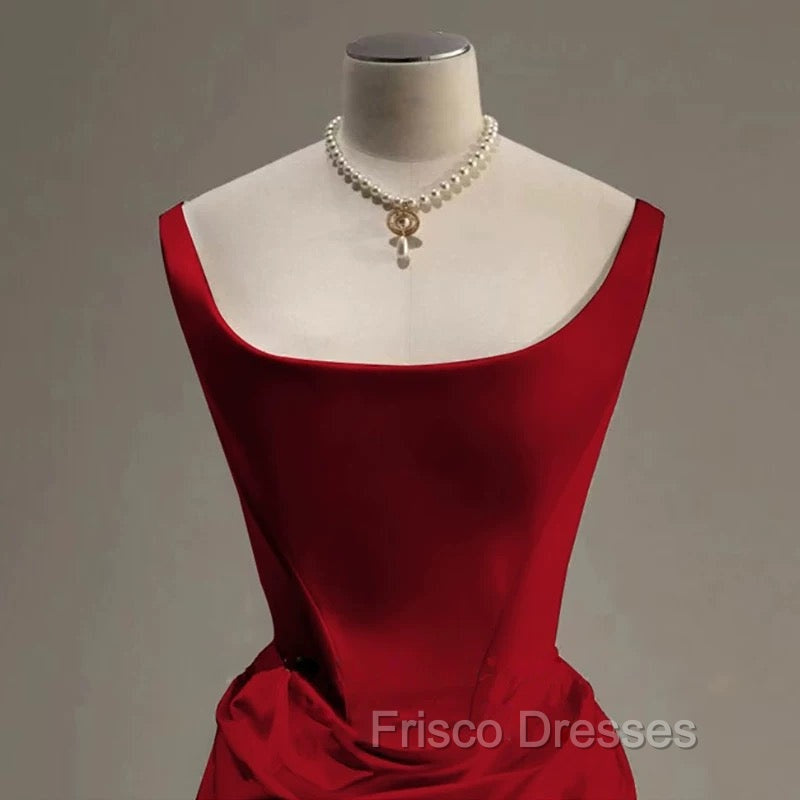 Sexy Mermaid Square Neckline Red Satin Floor Length Formal Prom Dress