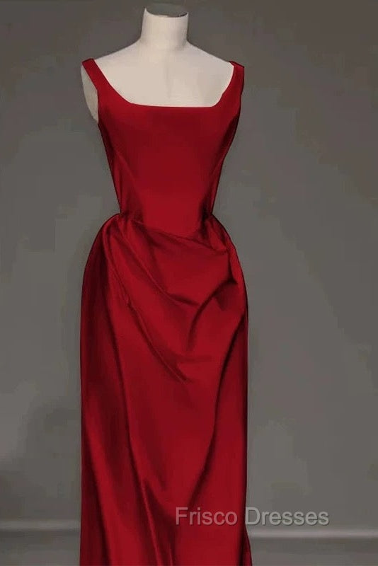 Sexy Mermaid Square Neckline Red Satin Floor Length Formal Prom Dress