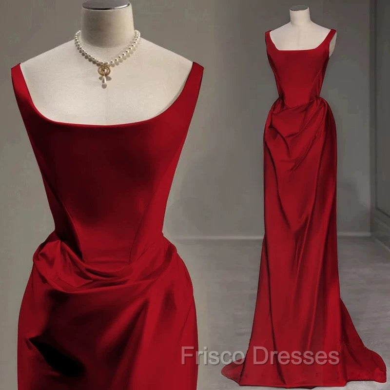 Sexy Mermaid Square Neckline Red Satin Floor Length Formal Prom Dress