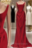 Sexy Mermaid Square Neckline Red Satin Floor Length Formal Prom Dress