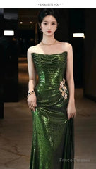 Sexy Mermaid Strapless Dark Green Sequin Long Prom Dresses Evening Gowns