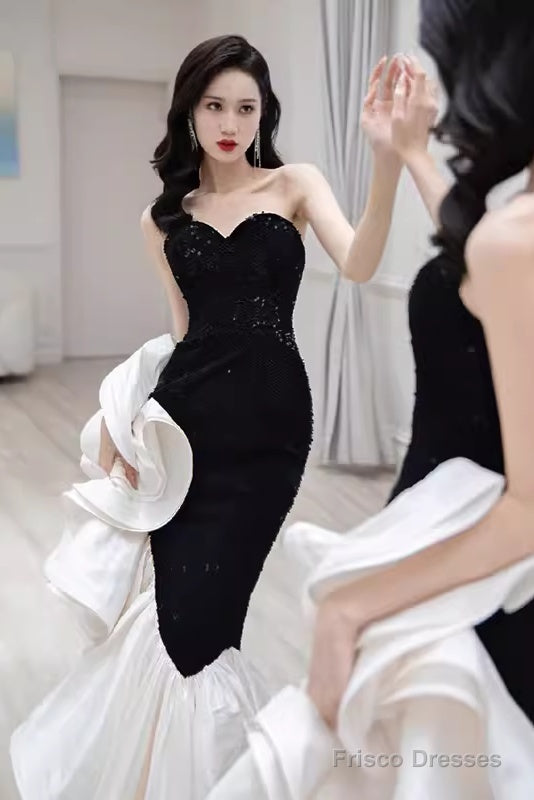 Sexy Mermaid Strapless Long Black Sequin Prom Dress