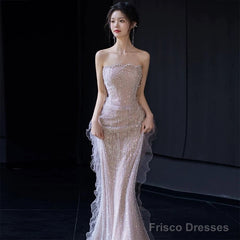 Sexy Mermaid Strapless Neckline Sequin Long Floor Length Pearls Prom Dresses