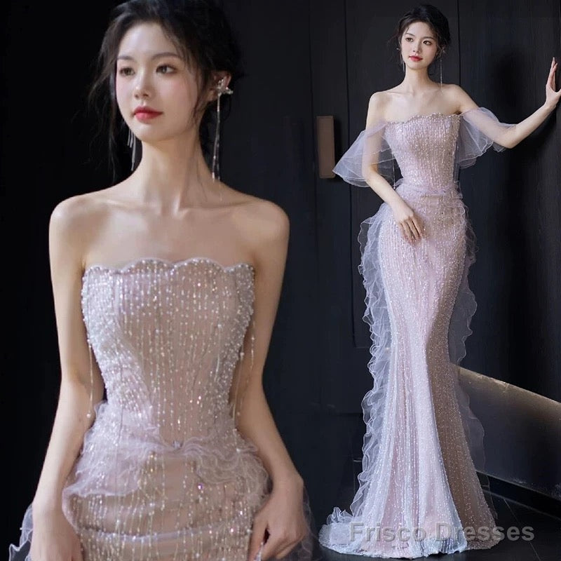 Sexy Mermaid Strapless Neckline Sequin Long Floor Length Pearls Prom Dresses