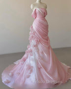 Sexy Mermaid Strapless Pink Long Floral Formal Prom Dress Party Dress