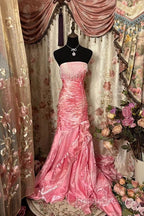 Sexy Mermaid Strapless Pink Satin Long Formal Dress Party Dress Formal Prom Dress