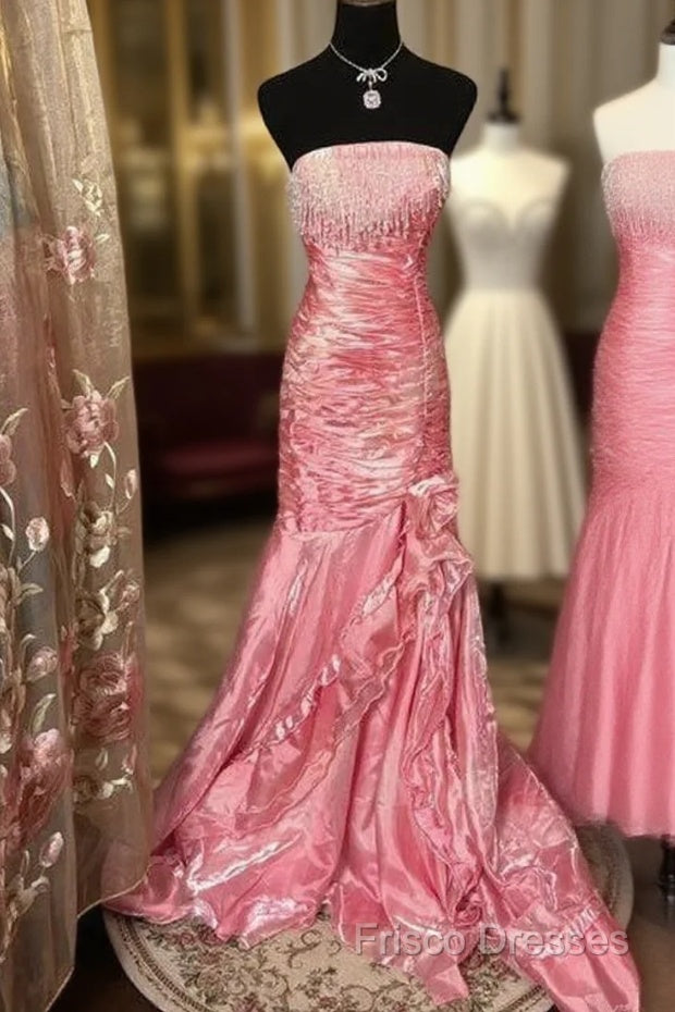 Sexy Mermaid Strapless Pink Satin Long Formal Dress Party Dress Formal Prom Dress Main image