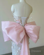 Sexy Mermaid Strapless Pink Sequin Long Floral Formal Prom Dress Party Dress