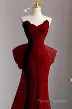 Sexy Mermaid Strapless Red Lace Long Formal Prom Dress