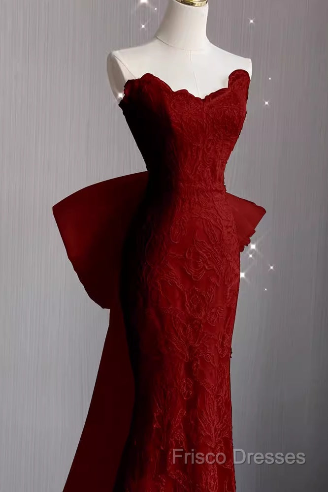 Sexy Mermaid Strapless Red Lace Long Formal Prom Dress