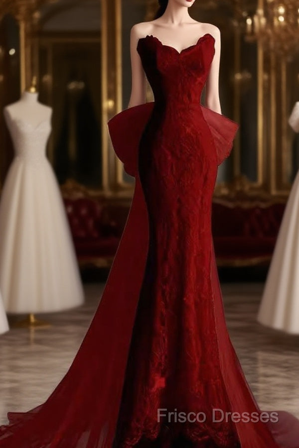Sexy Mermaid Strapless Red Lace Long Formal Prom Dress