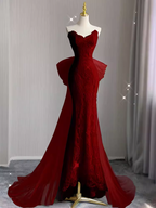 Sexy Mermaid Strapless Red Lace Long Prom Dress