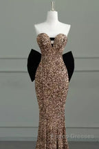 Sexy Mermaid Strapless Sequin Gold Floor Length Formal Prom Dress