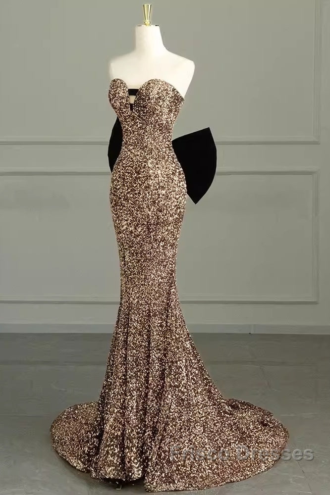 Sexy Mermaid Strapless Sequin Gold Floor Length Formal Prom Dress