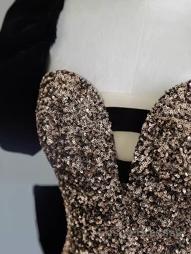 Sexy Mermaid Strapless Sequin Gold Floor Length Formal Prom Dress