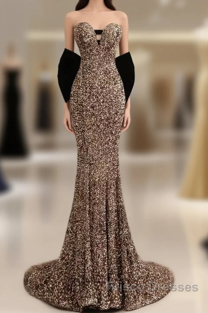 Sexy Mermaid Strapless Sequin Gold Floor Length Formal Prom Dress Main image