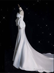 Sexy Mermaid Strapless Short Sleeves White Satin Wedding Dresses Brides Dress