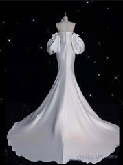 Sexy Mermaid Strapless Short Sleeves White Satin Wedding Dresses Brides Dress