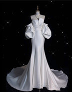 Sexy Mermaid Strapless Short Sleeves White Satin Wedding Dress Brides Dress