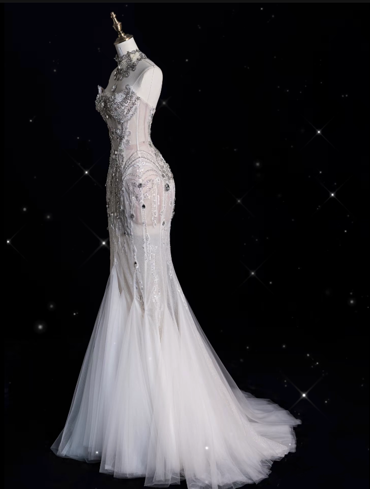 Sexy Mermaid Strapless Tulle With Silver Beads Long Wedding Dresses Brides Dress Secondary image