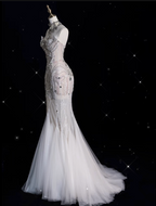 Sexy Mermaid Strapless Tulle With Silver Beads Long Wedding Dresses Brides Dress