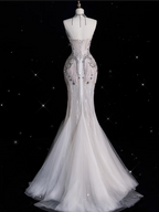 Sexy Mermaid Strapless Tulle With Silver Beads Long Wedding Dresses Brides Dress