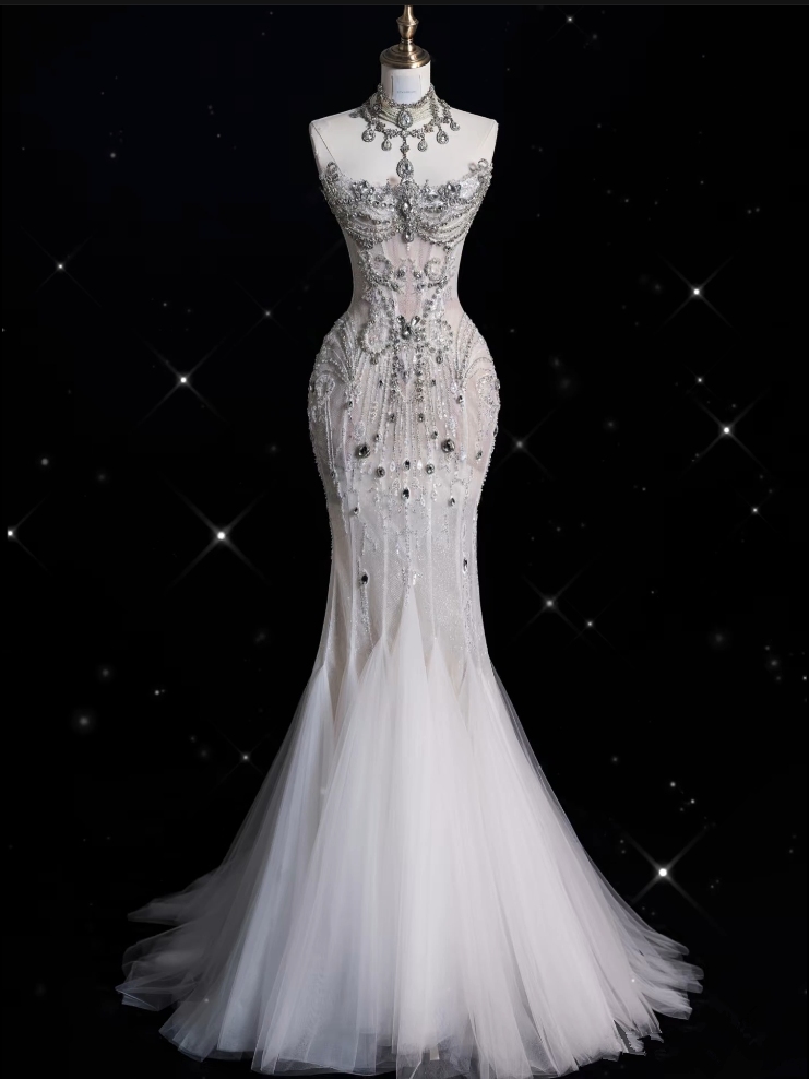 Sexy Mermaid Strapless Tulle With Silver Beads Long Wedding Dresses Brides Dress Main image