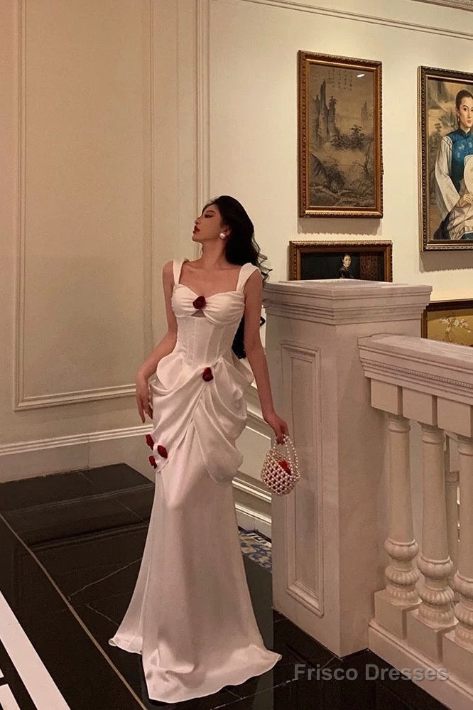 Sexy Mermaid Straps White Long Satin Prom Dresses Birthday Outfits Secondary image