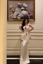 Sexy Mermaid Straps White Long Satin Prom Dresses Birthday Outfits