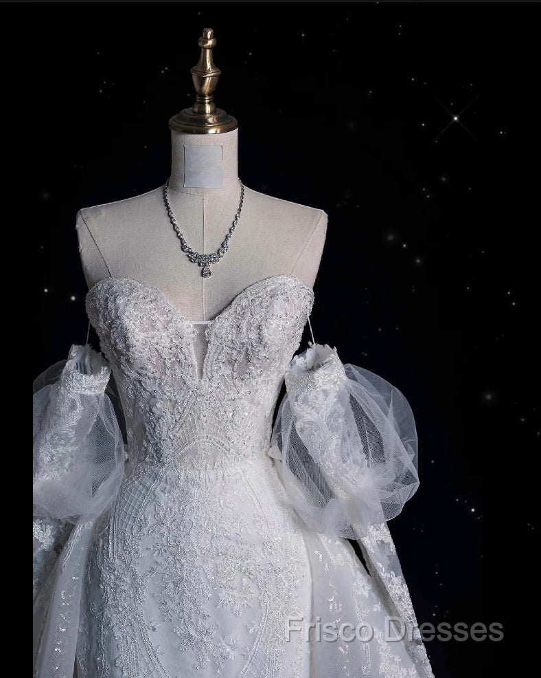 Sexy Mermaid Sweetheart Long Sleeves White Lace Wedding Dress Brides Dress