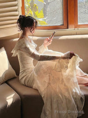 Sexy Mermaid Sweetheart Neckline White Lace Ruffles Long Evening Dress Prom Dresses