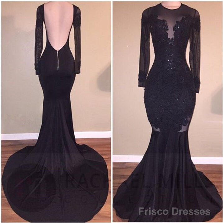 Sexy Mermaid Tulle Long-Sleeves Black Prom Dresses Main image