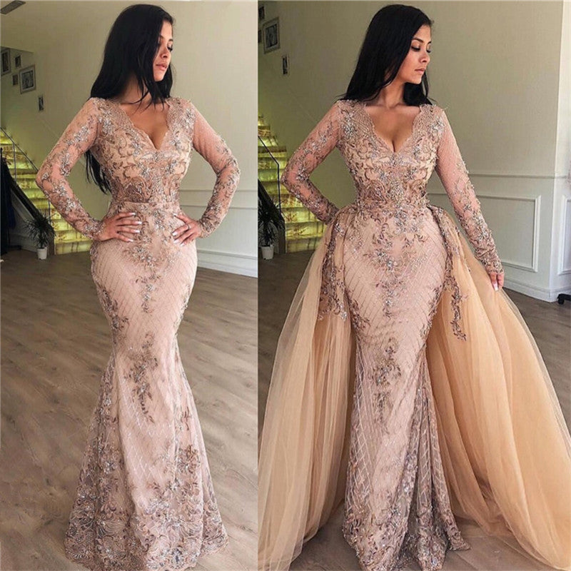 Sexy Mermaid V-Neck Long Sleeves Appliqued Prom Dresses With Detachable Skirt
