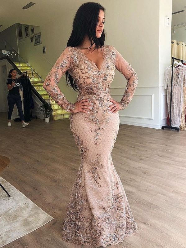Sexy Mermaid V-Neck Long Sleeves Appliqued Prom Dresses With Detachable Skirt