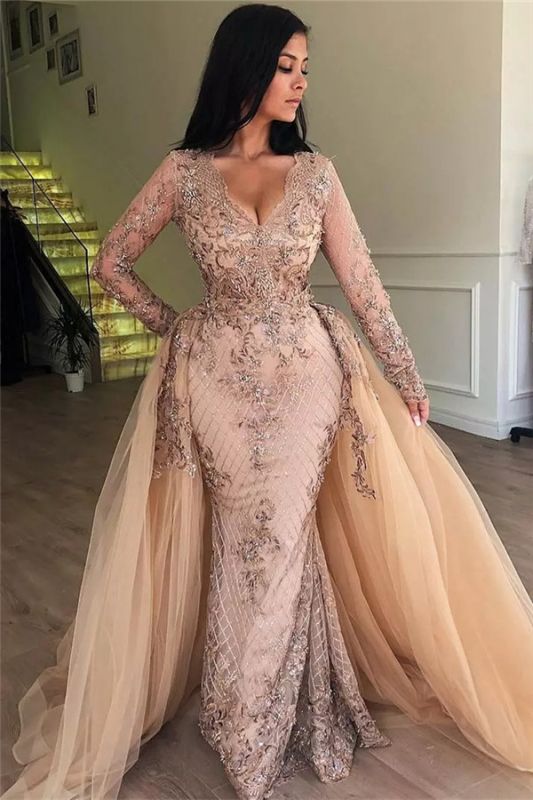 Sexy Mermaid V-Neck Long Sleeves Appliqued Prom Dresses With Detachable Skirt Main image