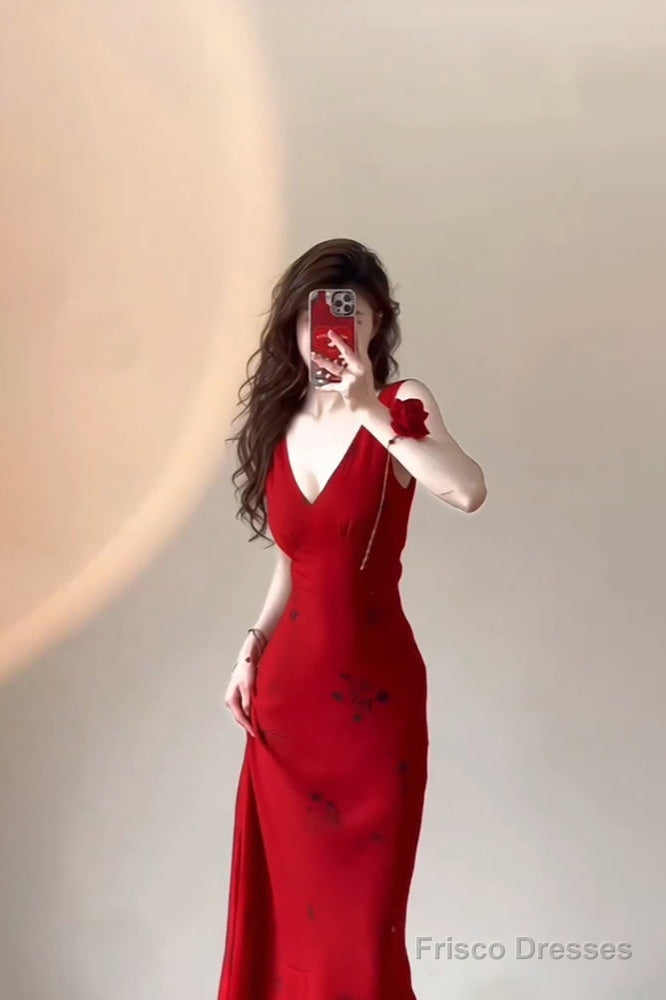 Sexy Mermaid V Neckline Christmas Dress Red Satin Prom Dresses Birthday Outfits Secondary image
