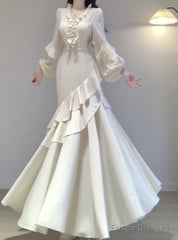 Sexy Mermaid V Neckline Long Sleeves White WomenS Beach Dress Vacation Dresses Birthday Dress
