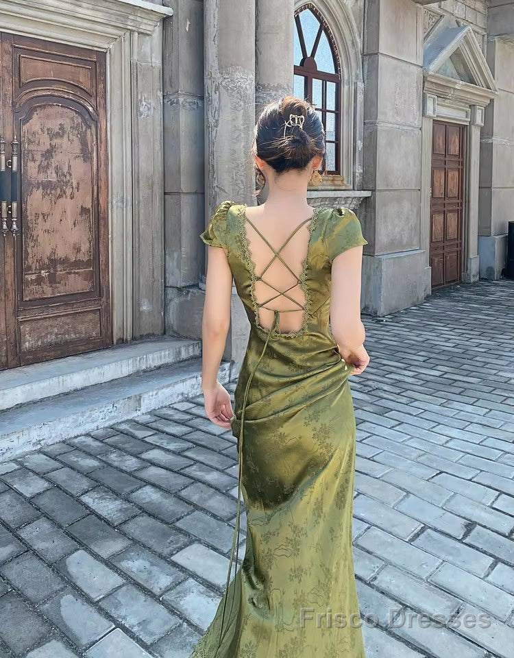 Sexy Mermaid V Neckline Short Sleeves Lace Green Floor Length Evening Dress Prom Dresses Secondary image