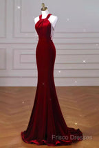 Sexy Mermaid Velvet Party Dress Red Formal Prom Dress