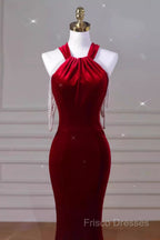 Sexy Mermaid Velvet Party Dress Red Formal Prom Dress