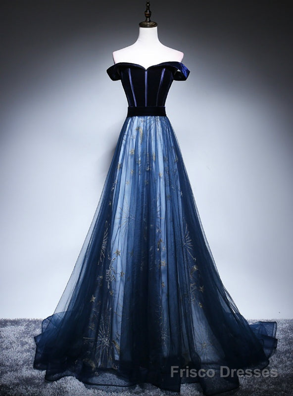Sexy Navy Blue Tulle Velvet Off the Shoulder Prom Dress Main image