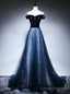 Sexy Navy Blue Tulle Velvet Off the Shoulder Prom Dress