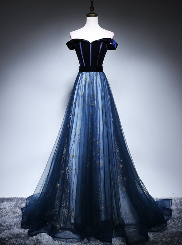 Navy Blue Tulle Velvet Off the Shoulder Prom Dress