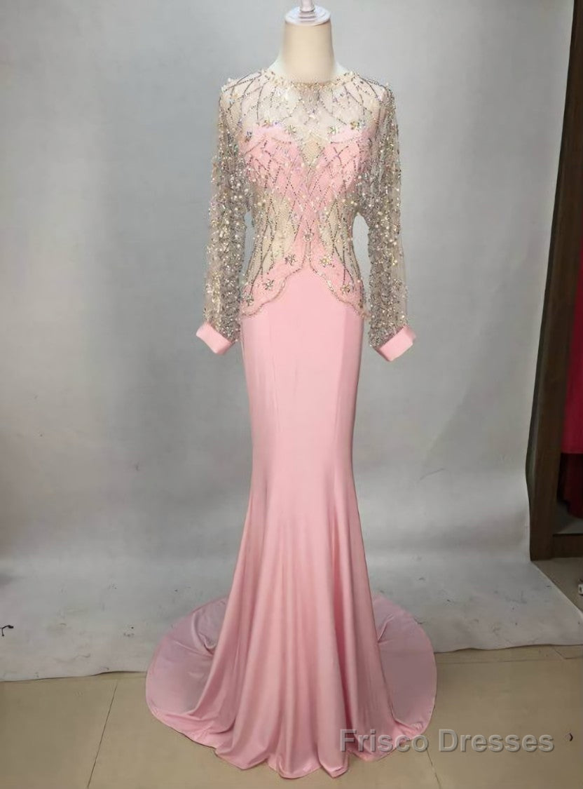 Sexy Pink Long Sleeve Beaded Chiffon Long Prom Dress Main image
