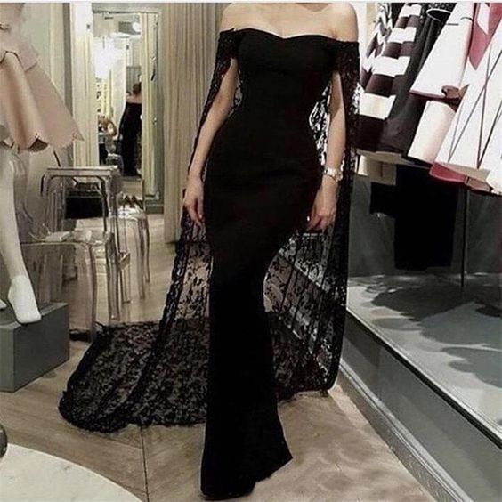 Black Noble And Elegant Mermaid Slim Lace Cape Elegant Long Floor-Length Trailing Ball Gown Evening Dress Party Dress Secondary image