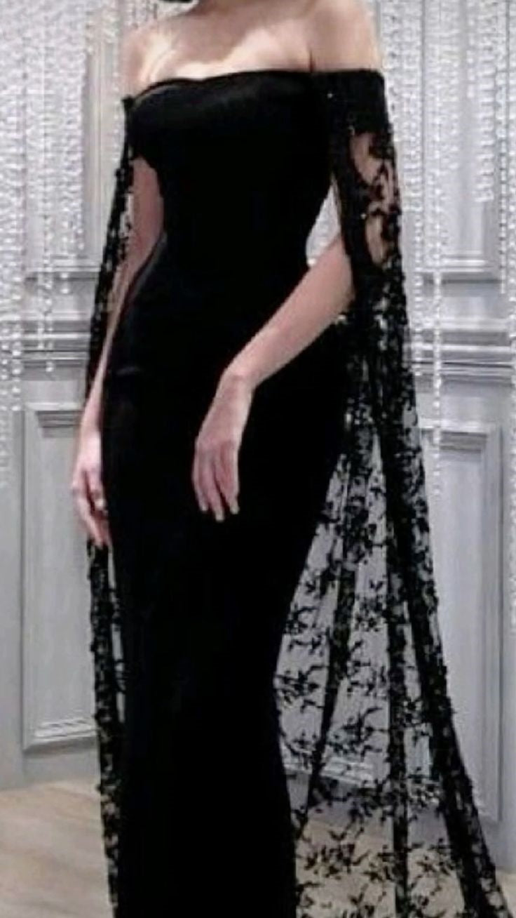 Black Noble And Elegant Mermaid Slim Lace Cape Elegant Long Floor-Length Trailing Ball Gown Evening Dress Party Dress