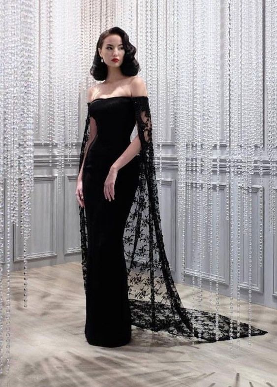 Black Noble And Elegant Mermaid Slim Lace Cape Elegant Long Floor-Length Trailing Ball Gown Evening Dress Party Dress Main image