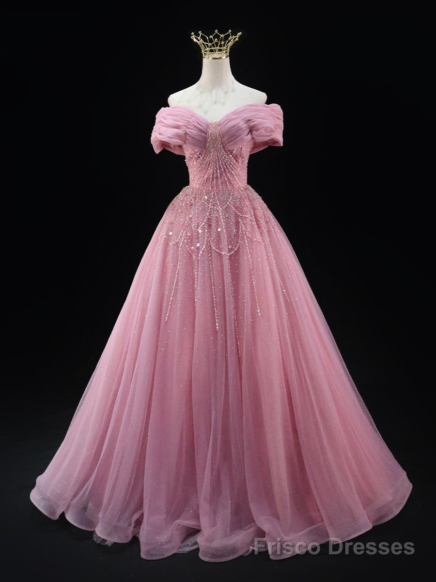 Sexy Pink Tulle Off the Shoulder Pleats Beading Prom Dress Main image